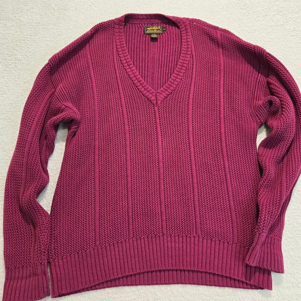 Vtg Eddie Bauer Chunky Knit V-neck Sweater Men's Large Burgundy 100% cotton